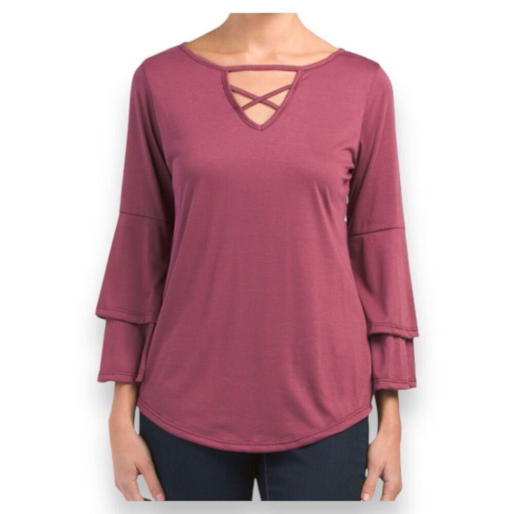 Gyft Mauve Criss Cross V Neck Bell Sleeve Boho Blouse Top Large